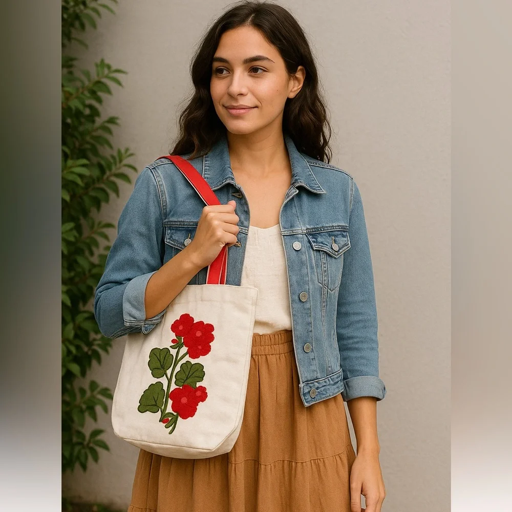 Palmer Smith Embroidered Floral Tote Bag White Red Geranium Design